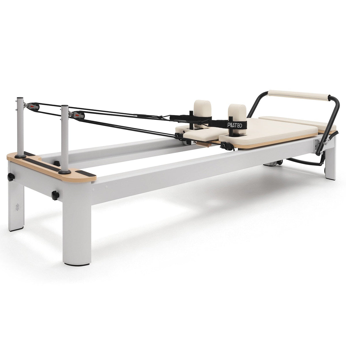 Pilates reformer aluminium blanc lacté, vue côté poulies