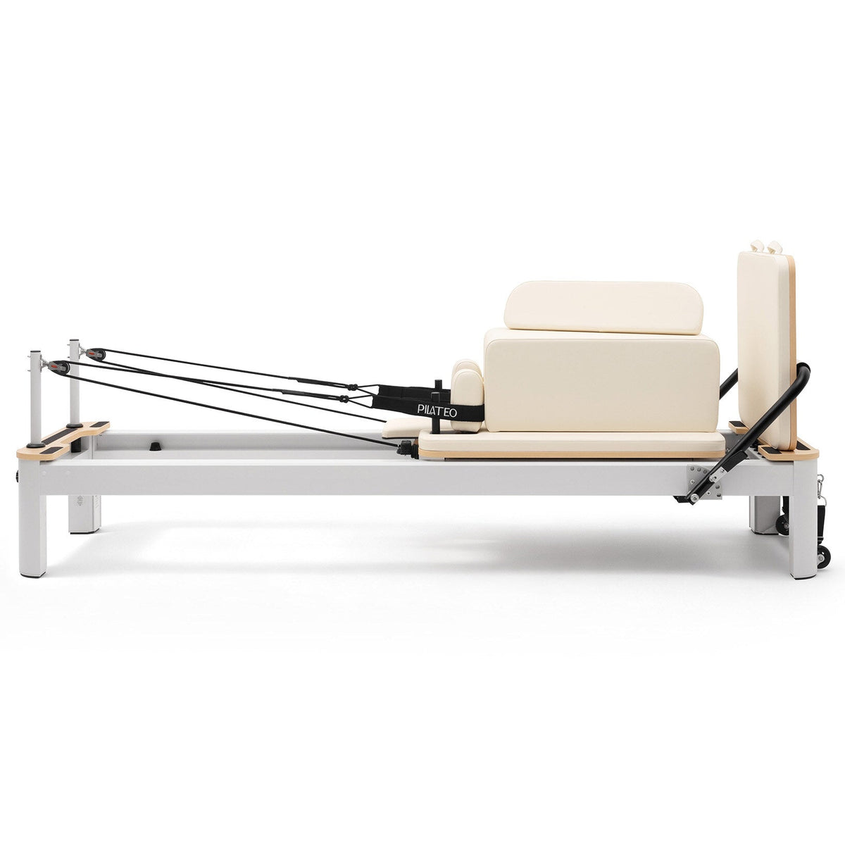 Pilates reformer aluminium blanc lacté, vue latérale avec sitting box