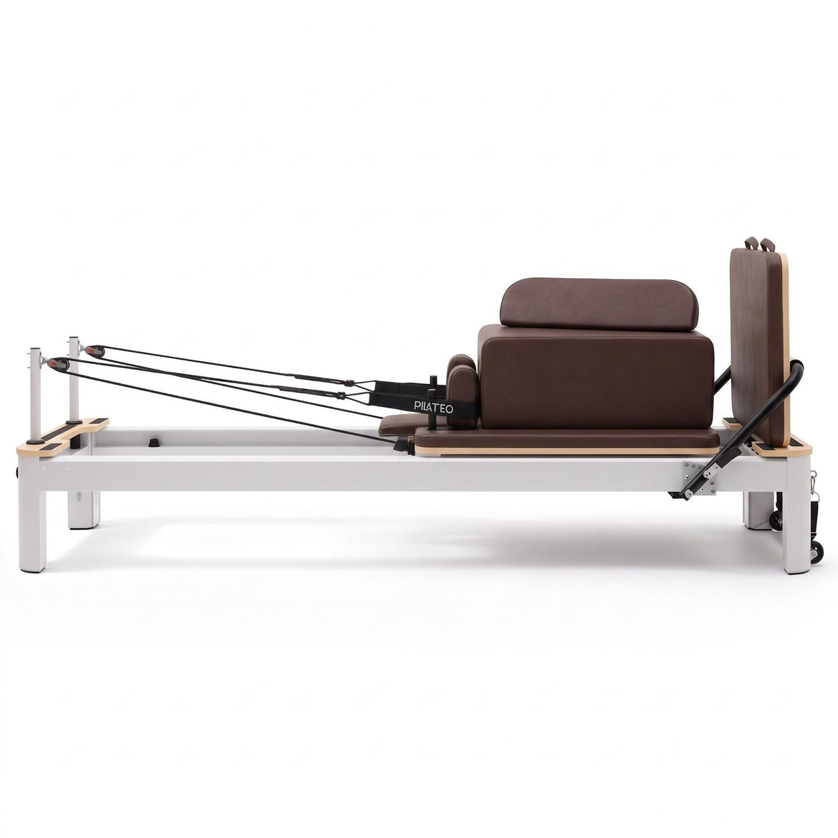 Pilates reformer aluminium moka, vue latérale avec sitting box