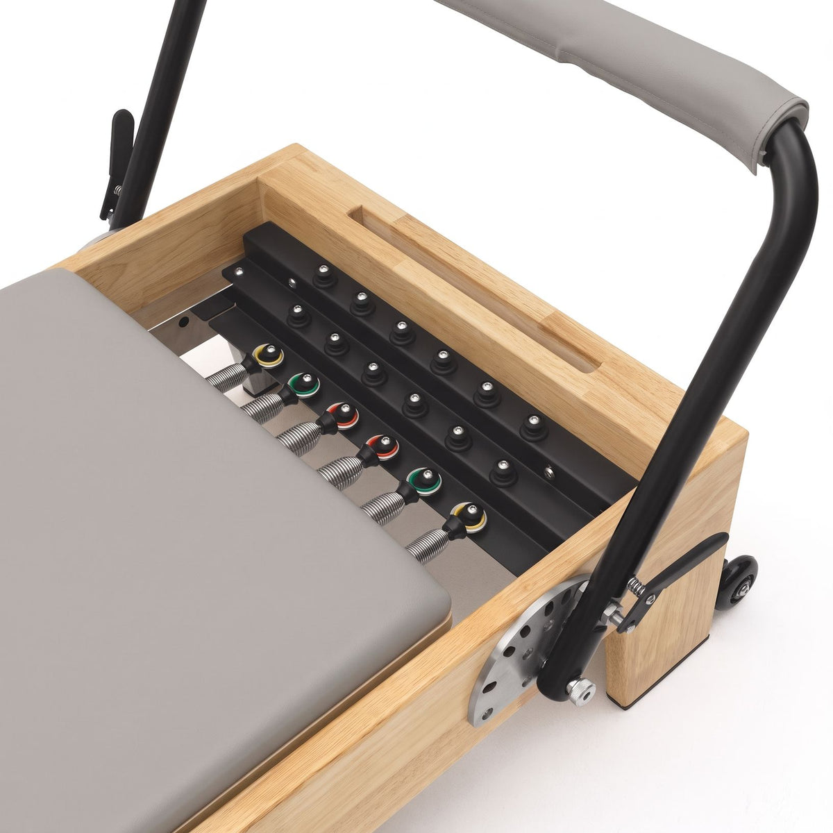 Pilates reformer classique gris perle, ressorts et barre de pieds