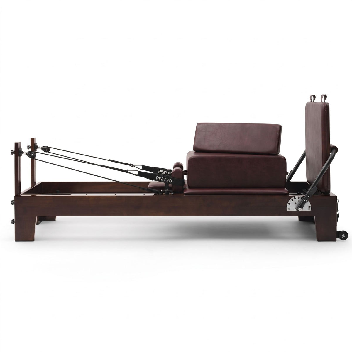 Pilates reformer Prestige bordeaux, vue latérale avec sitting box