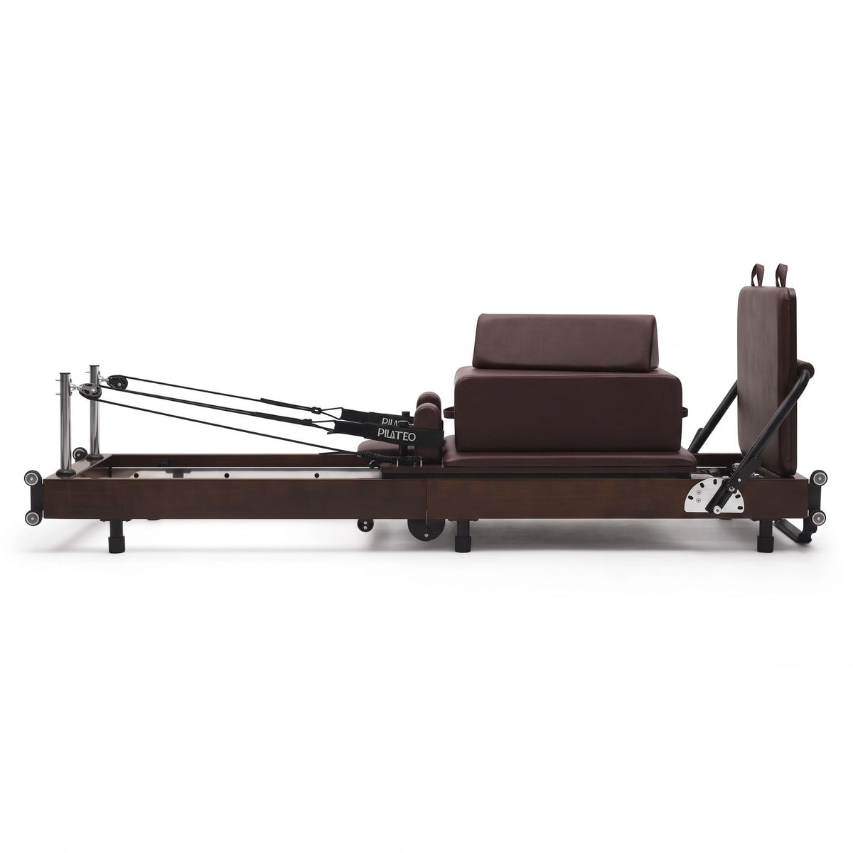 Pilates reformer pliable Flexi espresso bordeaux, vue latérale avec sitting box