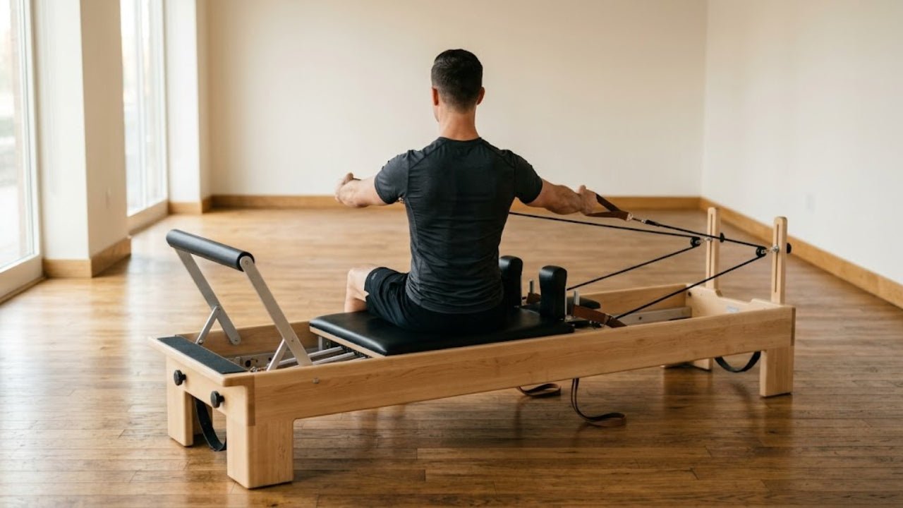Reformer Pilates en bois d'érable et sangles noires dans un studio vide