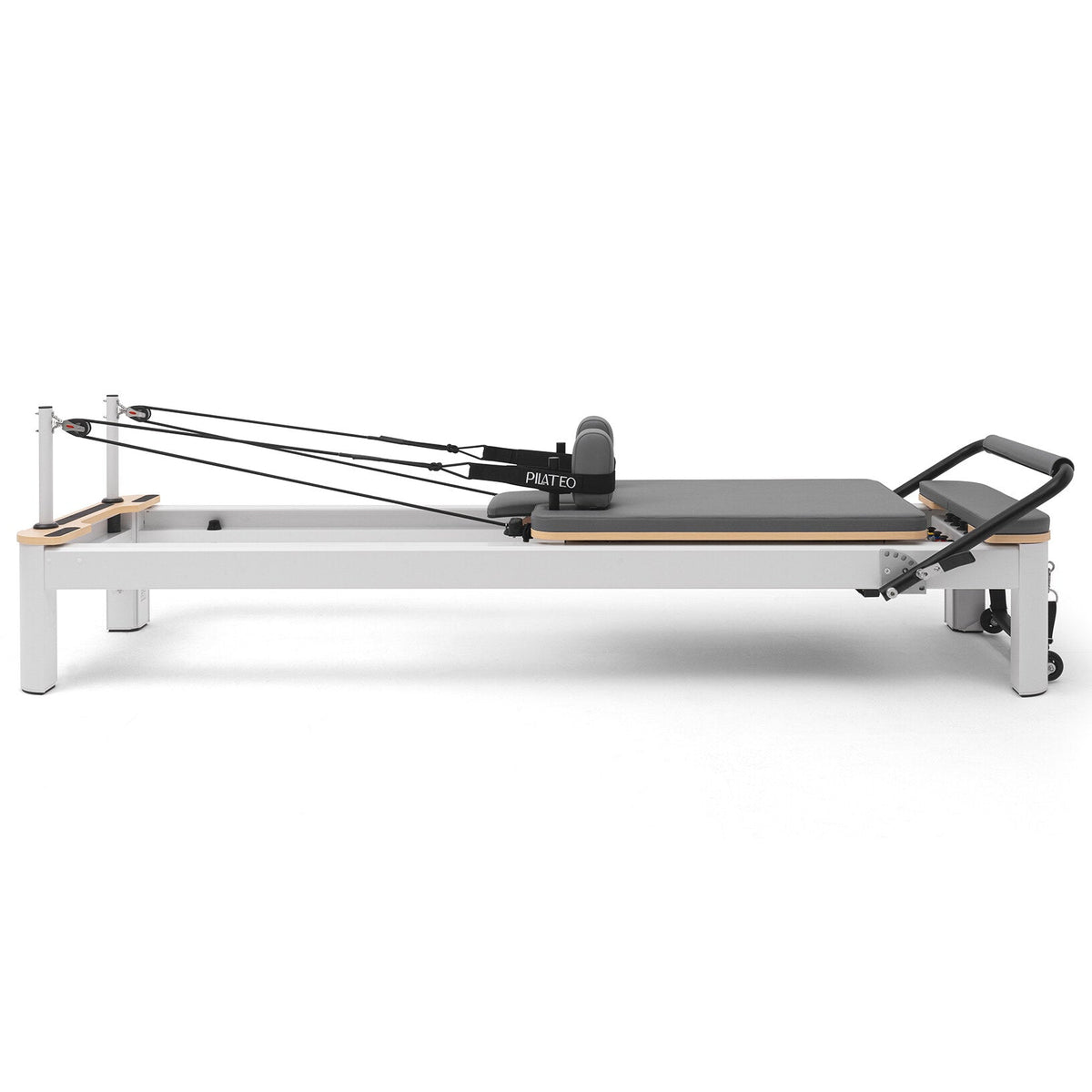 Pilates reformer aluminium gris bleuté, vue latérale