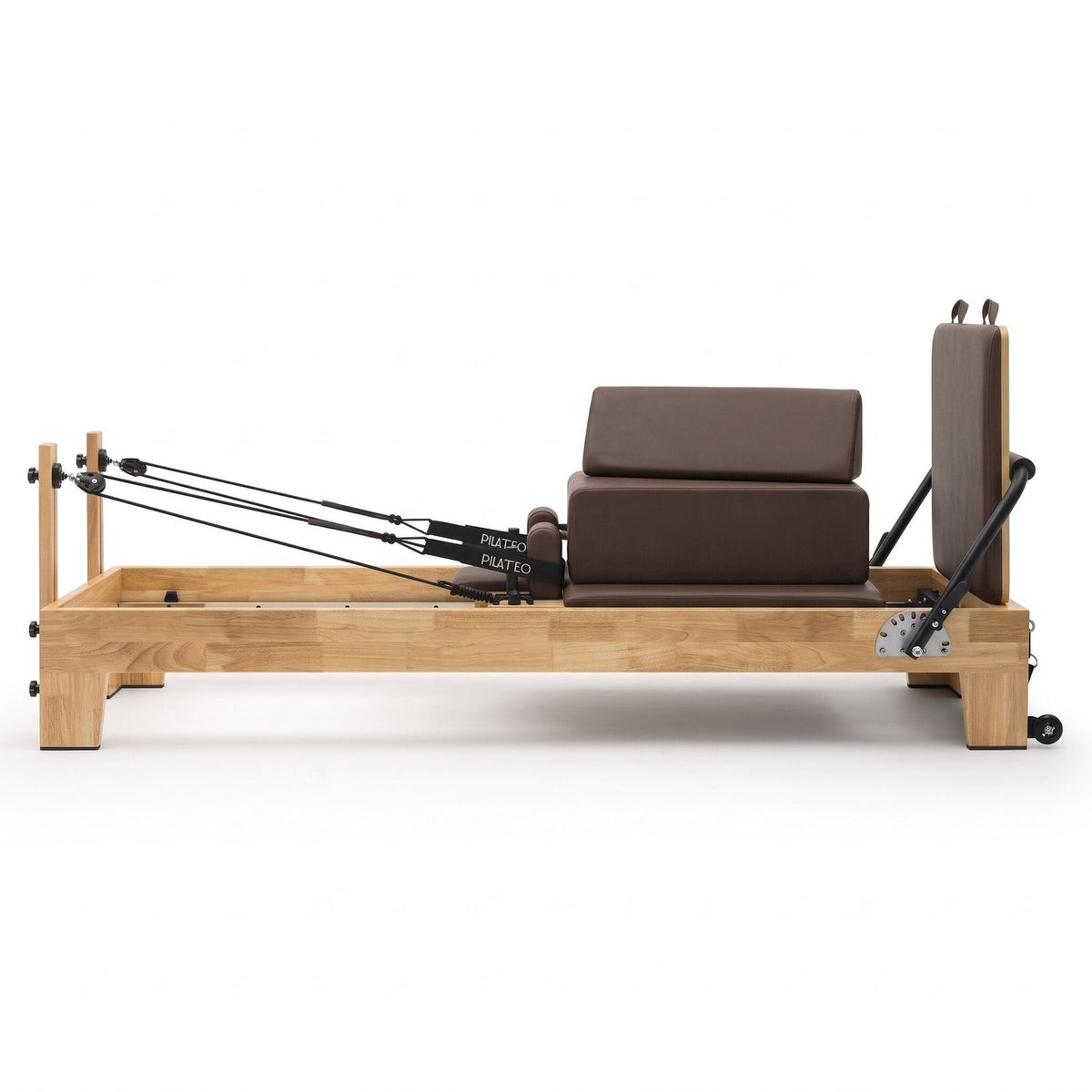 Pilates reformer classique moka, vue latérale avec sitting box