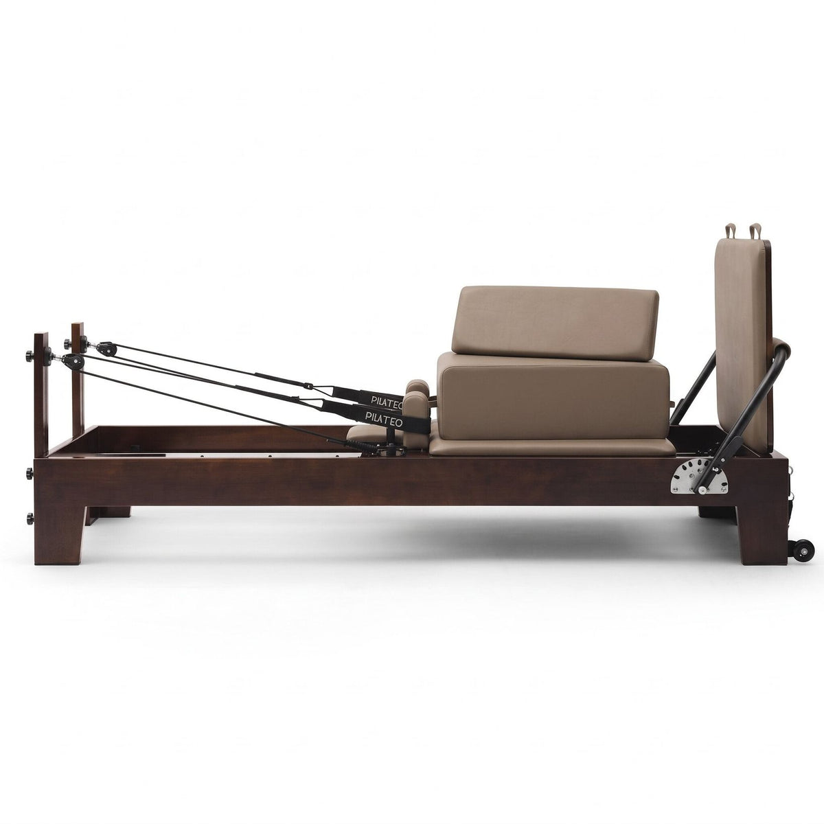 Pilates reformer Prestige taupe, vue latérale avec sitting box