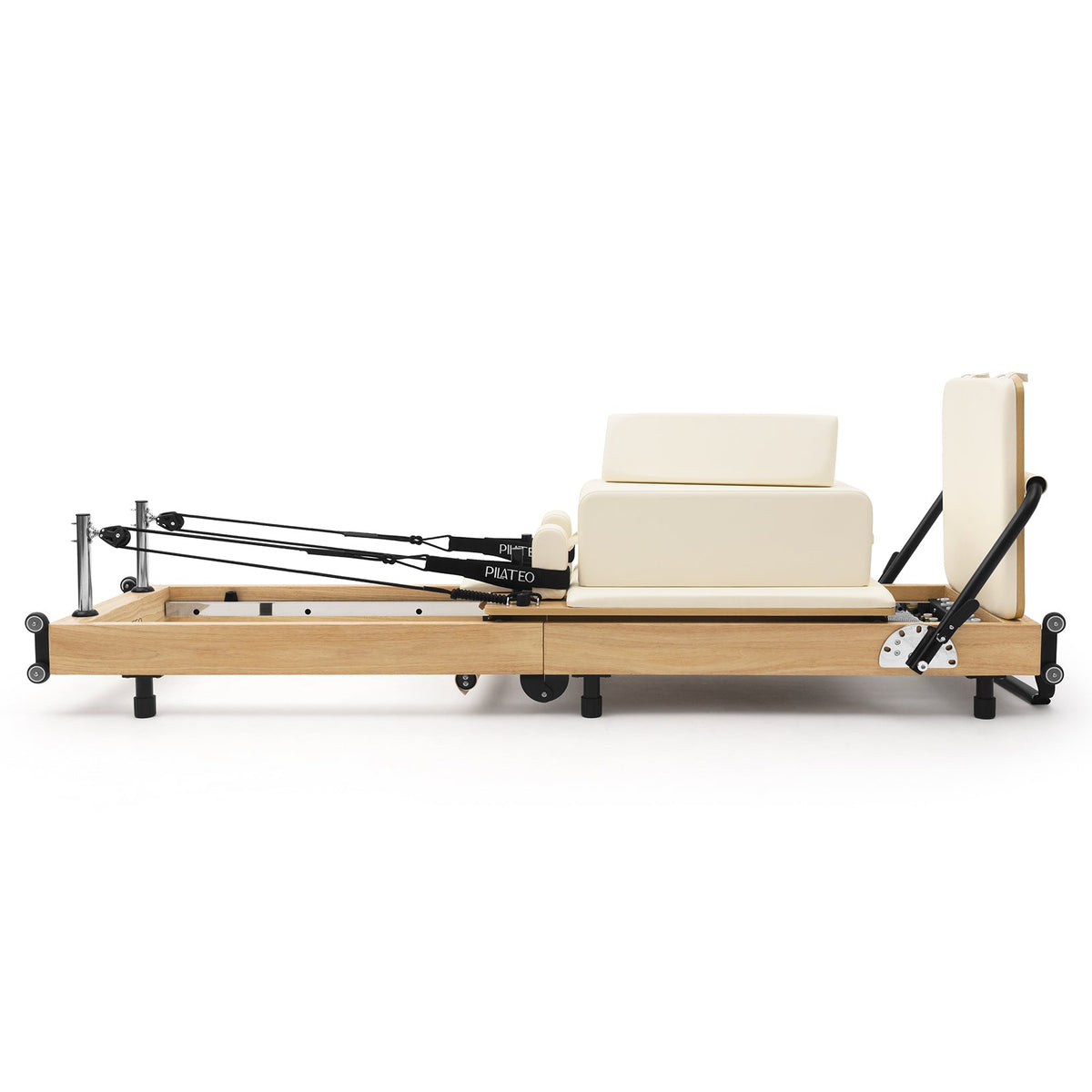 Pilates reformer pliable Flexi blanc lacté, vue latérale avec sitting box